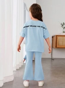 SHEIN 女小童標語圖案落肩T恤&喇叭褲 - 藍色 - 查看 1
