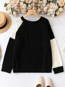 Celure Plus Colorblock Raglan Sleeve Sweater - Black and White - View 2