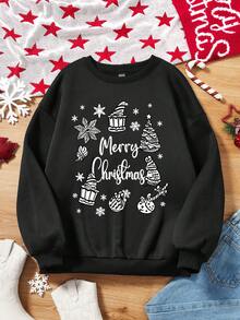 SHEIN Essnce Christmas Print Drop Shoulder Sweatshirt - Black - View 1