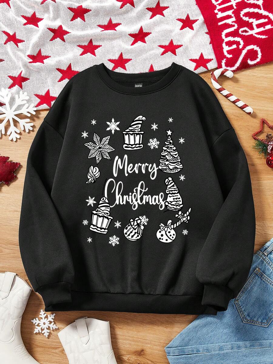 SHEIN Essnce Christmas Print Drop Shoulder Sweatshirt - Black - View 1
