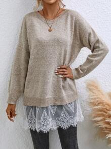 SHEIN LUNE 撞色蕾丝落肩针织套头衫秋冬毛衣 - 杏色 - 查看 3