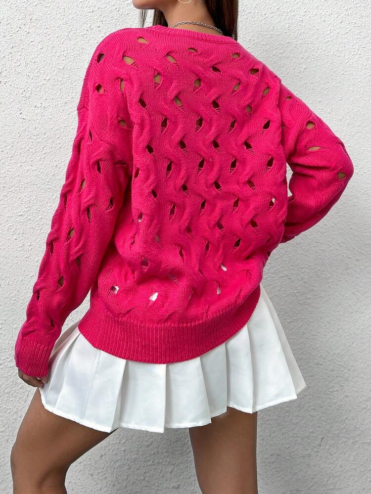 Solid Drop Shoulder Open Knit Pullover Fall Winter Sweater