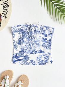 Soleia Floral Print Lace Up Tube Top - Multicolor - View 1