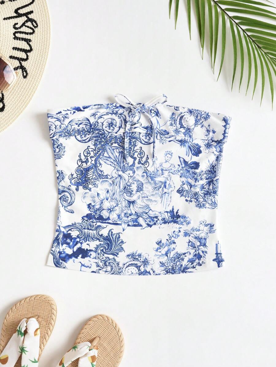 Soleia Floral Print Lace Up Tube Top - Multicolor - View 1