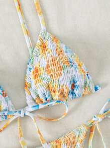 Swim Mod Summer Floral Print Smocked Triangle Tie Side Bikini Set