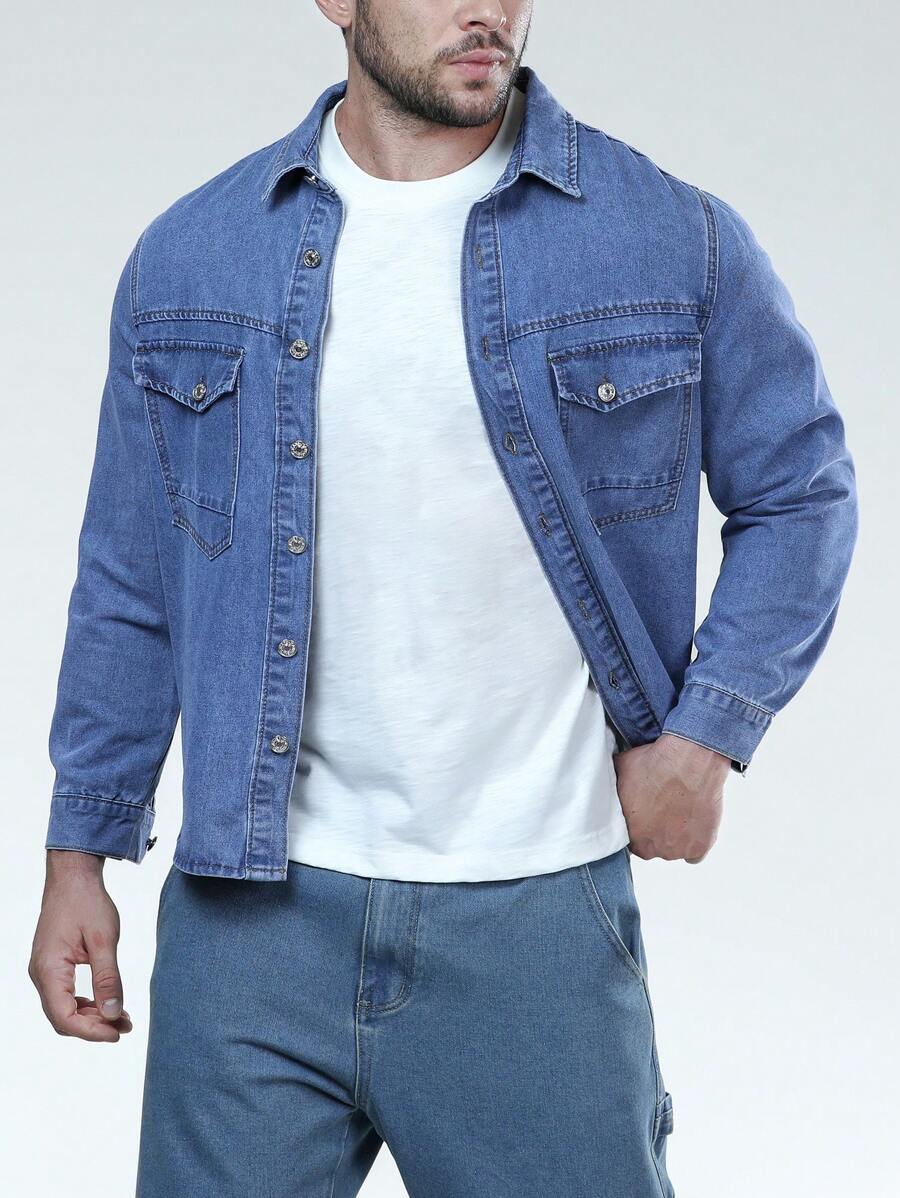 Manfinity Homme Men Plus Flap Pocket Denim Shirt
