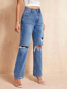 SHEIN BAE 高腰破洞直筒牛仔褲 - 深色水洗藍 - 查看 6