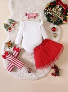 SHEIN 女嬰聖誕圖案荷葉邊連身背心&網紗半身裙＆ 頭巾&腿部保暖套 - 彩色 - 查看 2