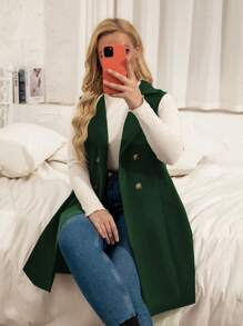 Calvaya 大碼西裝領雙排釦斜插口袋無袖外套 - 墨綠色 - 查看 1