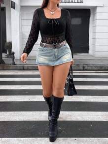 Flirla Plus Knot Front Lace Top - Black - View 4