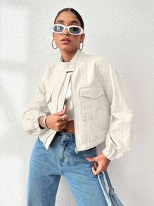 SHEIN Unity Túi có nắp Thả vai Dây kéo Áo khoác - Màu Khaki - Xem 7