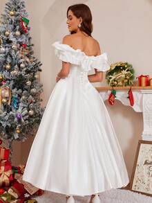 一字肩荷葉邊婚紗洋裝 - 白色 - 查看 2