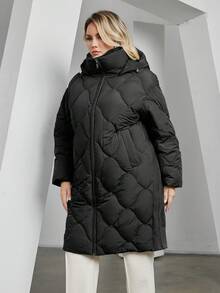 Astrid Plus Size Zip Up Hooded Quilted Padded Coat - Black - View 5