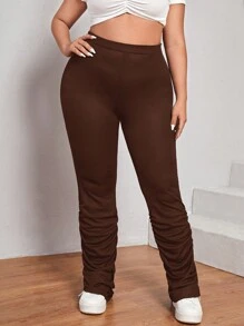 SHEIN SXY Plus High Waist Ruched Hem Pants - Coffee Brown - View 5