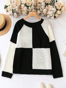Celure Plus Colorblock Raglan Sleeve Sweater - Black and White - View 1
