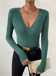 SHEIN Privé Solid Criss Cross Wrap Sweater - Dark Green - View 5