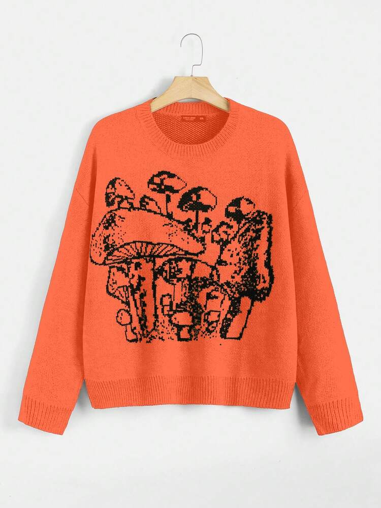 Plus Mushroom Pattern Drop Shoulder Sweater Knit Pullover Fall Winter Sweater