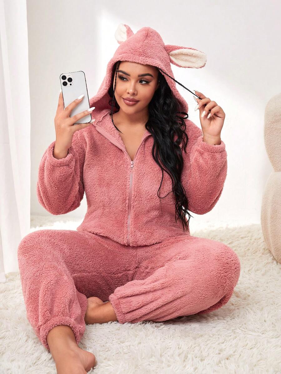 Hơn Giáng sinh Thiết kế tai 3D áo có mũ Dây kéo mặt trước Flannel Bộ đồ ngủ - Bụi hồng - Xem 1
