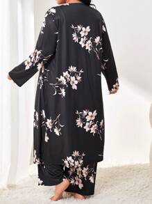 花卉印花系带睡袍、吊带背心和裤子睡衣套装/睡衣套装，秋冬服装