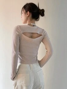 DAZY Solid Cut Out Front Tee Long Sleeve Women Tops - Khaki - View 2