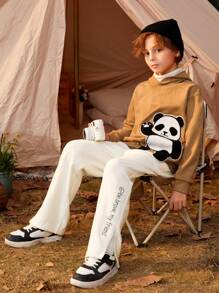SHEIN Tween Boy Panda Patched Drop Shoulder Hoodie - Khaki - View 6