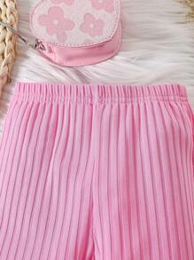 女嬰拼接毛茸茸拼塊羊絨領口前紐扣夾克和褲子 - 玫紅色 - 查看 6