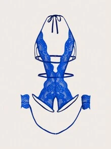 Exotic-Bondage Floral Lace Cut-Out Teddy Bodysuit With 1pair Hand Ring, Lingerie - Royal Blue - View 1