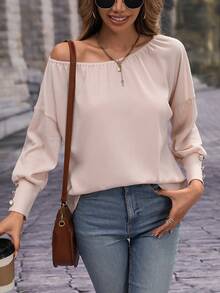 SHEIN LUNE Chất rắn Áo thun Thả vai - Màu be - Xem 6