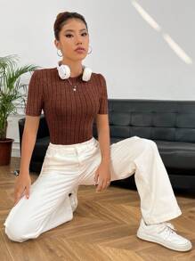 SHEIN EZwear 素色條紋針織T恤 - 巧克力棕 - 查看 4