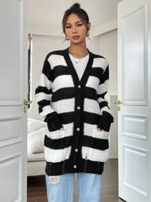 Flirla Two Tone Dual Pocket Cardigan - Black and White - View 3