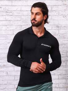 Manfinity Sport Corelite Men Letter Graphic Raglan Sleeve Polo Shirt Workout Tops Golf Shirt - Black - View 6