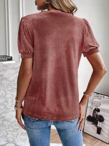 SHEIN LUNE Puff Sleeve Ribbed Knit Tee - Pink - View 2