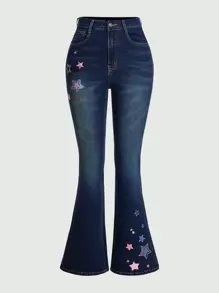 ROMWE Kawaii Star Embroidery Flare Leg Jeans - Blue - View 1