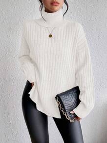 SHEIN Clasi Turtleneck Drop Shoulder Split Hem Sweater