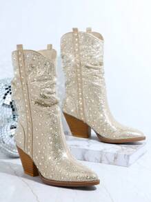 SHUZIA Kim loại Mặc vào Gót thô Giày ống - Rượu sâm banh - Xem 3