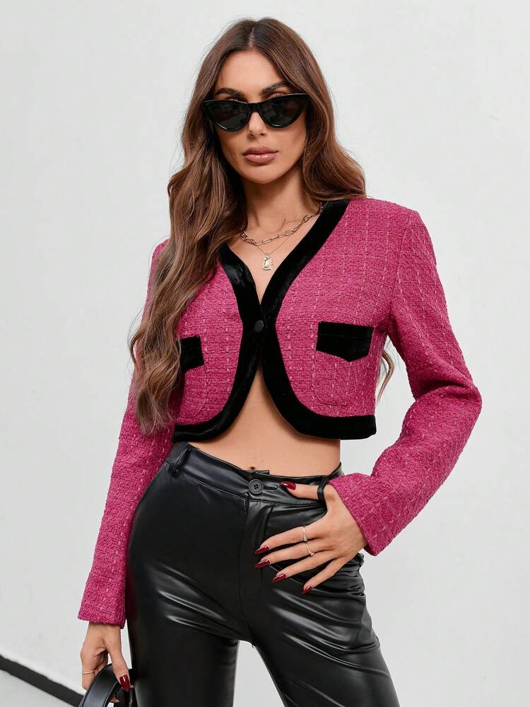Contrast Trim Crop Overcoat Fall Cloth For Women