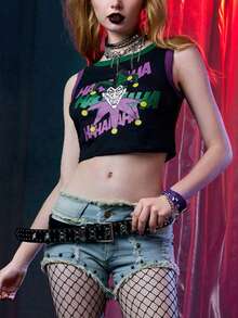 Harley Quinn | ROMWE 字母圖案撞色滾邊背心上衣 - 黑色 - 查看 7