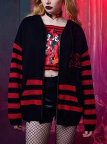 Harley Quinn | ROMWE Cardigan righe & motivo lettera spalle cadenti con zip con cappuccio - Multicolore - Visualizzare 7