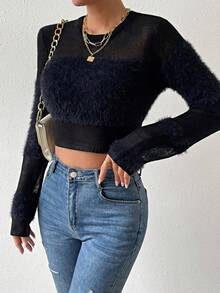 SHEIN Essnce 素色毛茸茸短款毛衣 - 黑色 - 查看 7