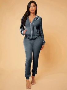 SHEIN SXY 拉鏈開襟絲絨夾克和運動褲 - 深灰色 - 查看 3