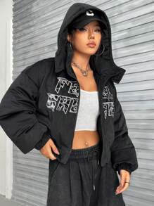 SHEIN EZwear 字母图案落肩连帽短款夹棉大衣 - 黑色 - 查看 5