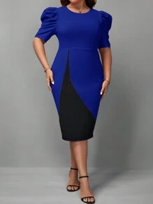 SHEIN Clasi 大碼撞色泡泡袖緊身洋裝 - 寶藍色 - 查看 4