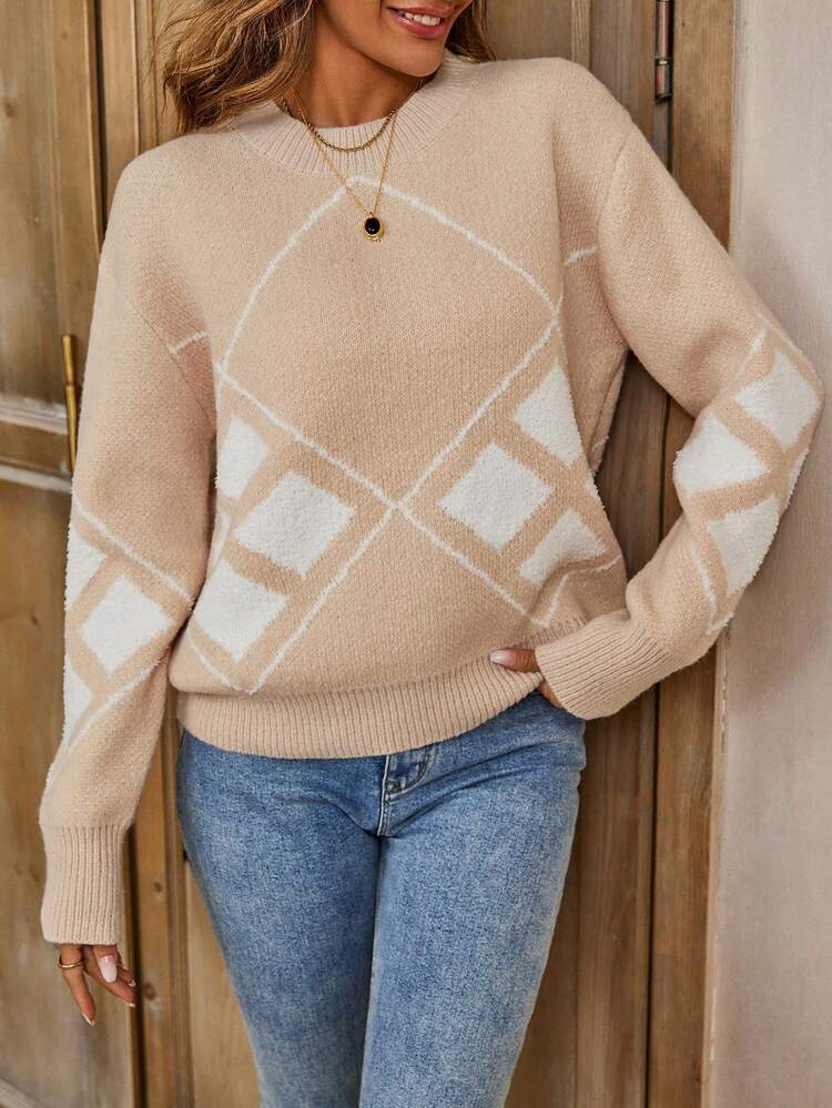Argyle Pattern Drop Shoulder Knit Pullover Fall Winter Sweater