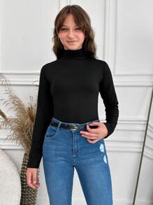 RueChic Teen Girls Mock Neck Solid Tee - Black - View 4