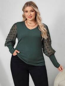 SHEIN Clasi 大碼圓點羊腿袖條紋針織上衣 - 綠色 - 查看 3