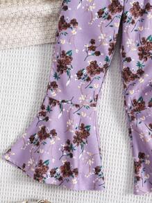 SHEIN Young Girl Floral Print Flare Leg Pants - Purple - View 3