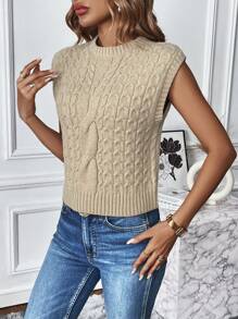 SHEIN Frenchy 麻花編織毛衣背心不帶襯衫 - 卡其色 - 查看 6