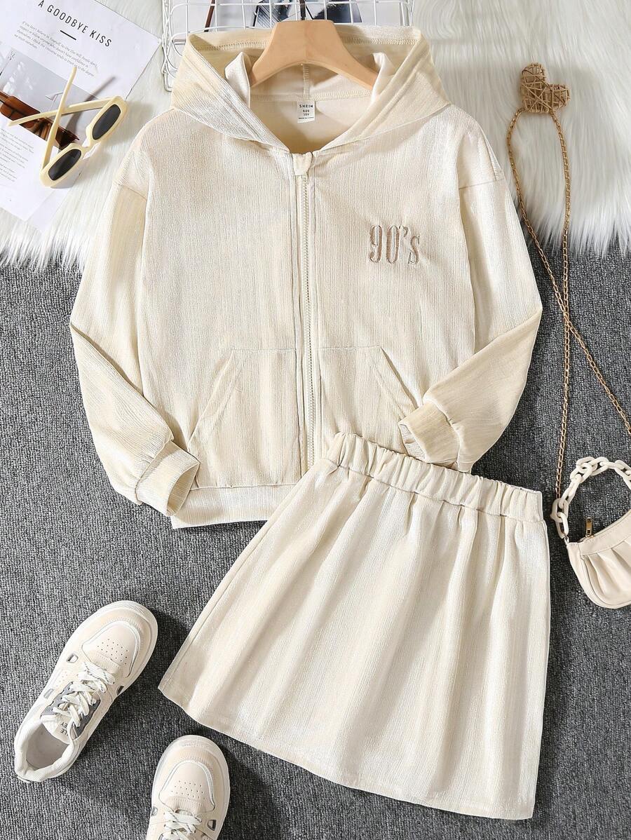 SHEIN Tween Girl Letter Embroidery Drop Shoulder Hooded Jacket & Skirt - Apricot - View 1