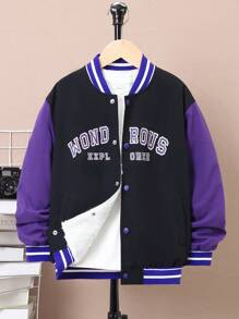 SHEIN Tween Boy Letter Graphic Thermal Lined Varsity Jacket Without Tee - Black - View 5