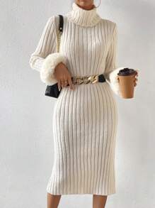 SHEIN Privé 高領毛茸茸袖口毛衣洋裝不附腰帶 - 杏色 - 查看 4